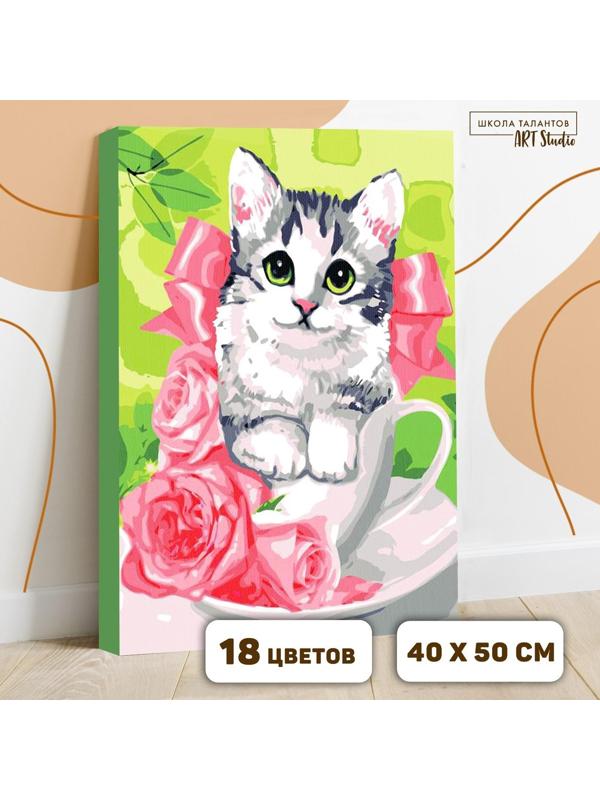 Картина по номерам на холсте с подрамником «Котёнок в чашке» 40×50 см