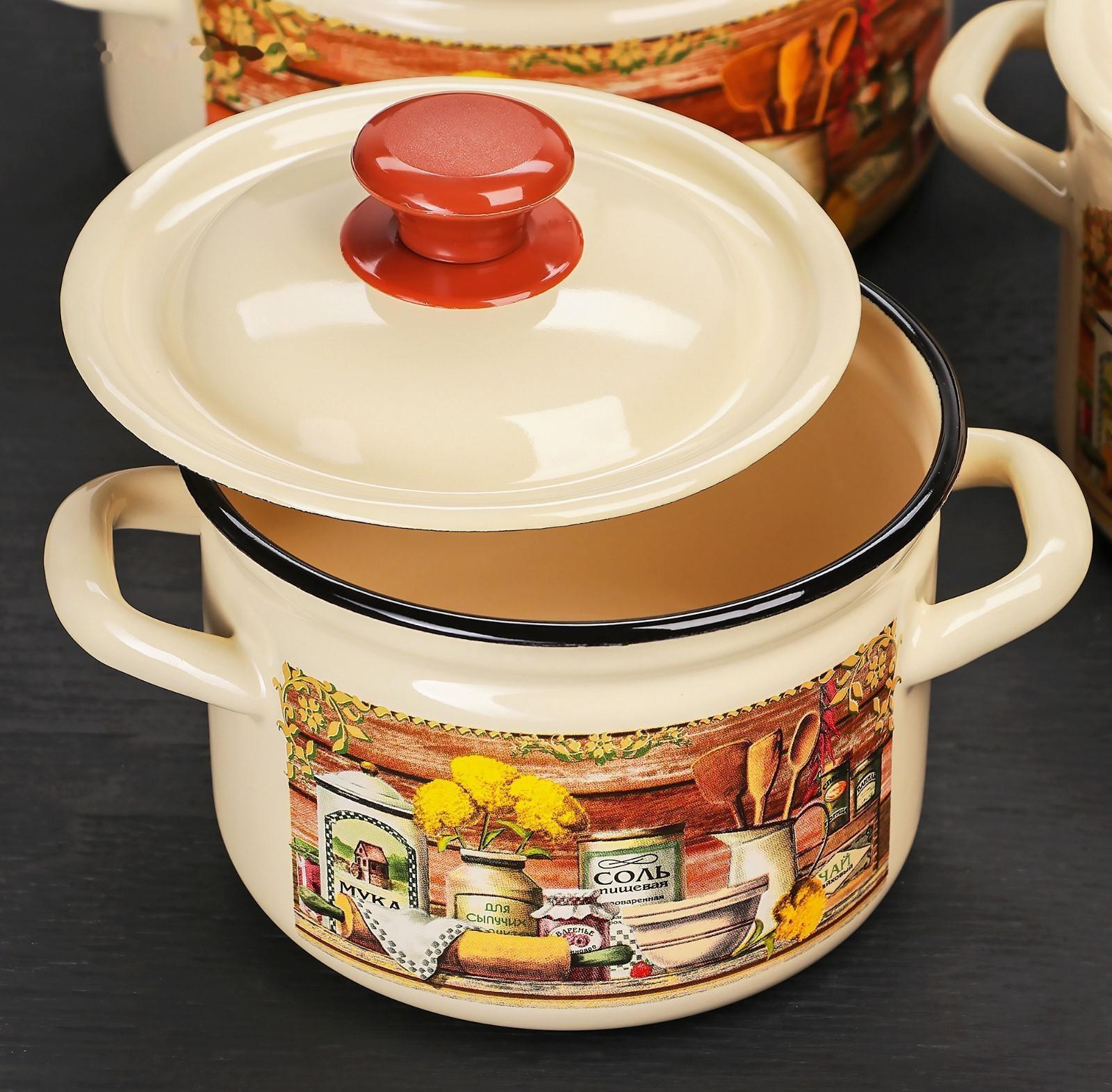 Набор кастрюль «Сельский мотив», 3 предмета: 2 л, 3 л, 5 л, эмалированные крышки, индукция, цвет бежевый