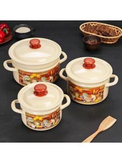 Набор кастрюль «Сельский мотив», 3 предмета: 2 л, 3 л, 5 л, эмалированные крышки, индукция, цвет бежевый