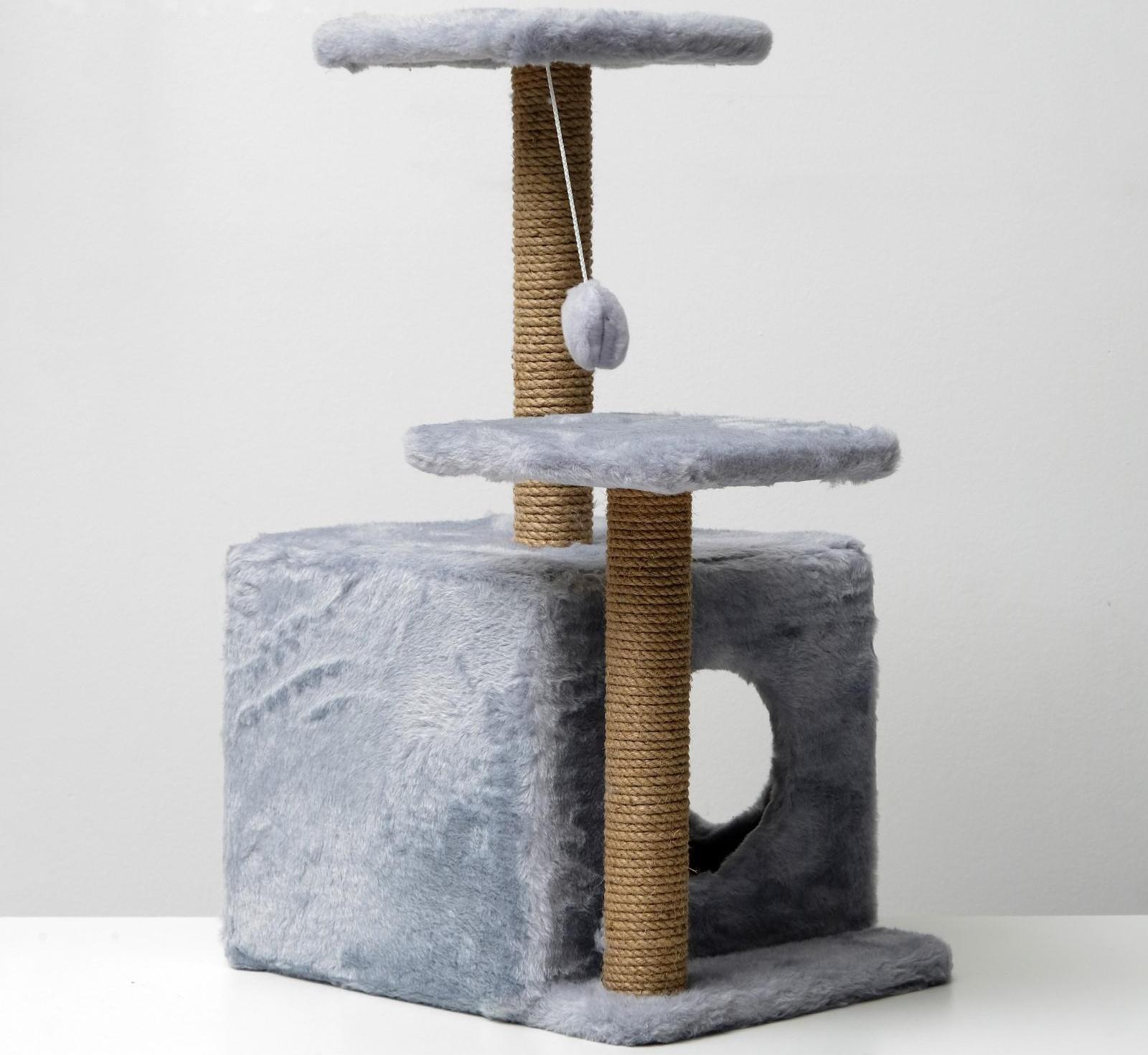 Домик-когтеточка «Квадратный трёхэтажный с двумя окошками», джут, 45×47×75 см, серая