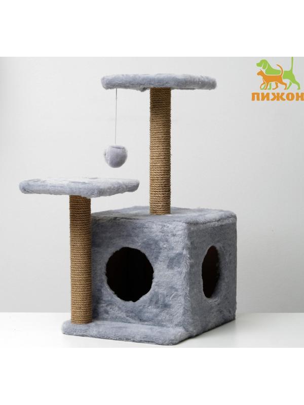 Домик-когтеточка «Квадратный трёхэтажный с двумя окошками», джут, 45×47×75 см, серая
