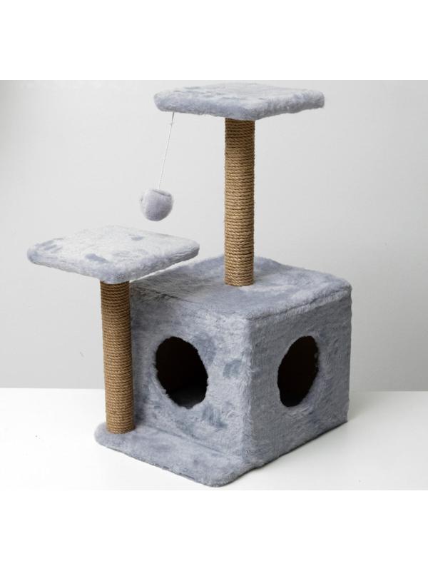 Домик-когтеточка «Квадратный трёхэтажный с двумя окошками», джут, 45×47×75 см, серая
