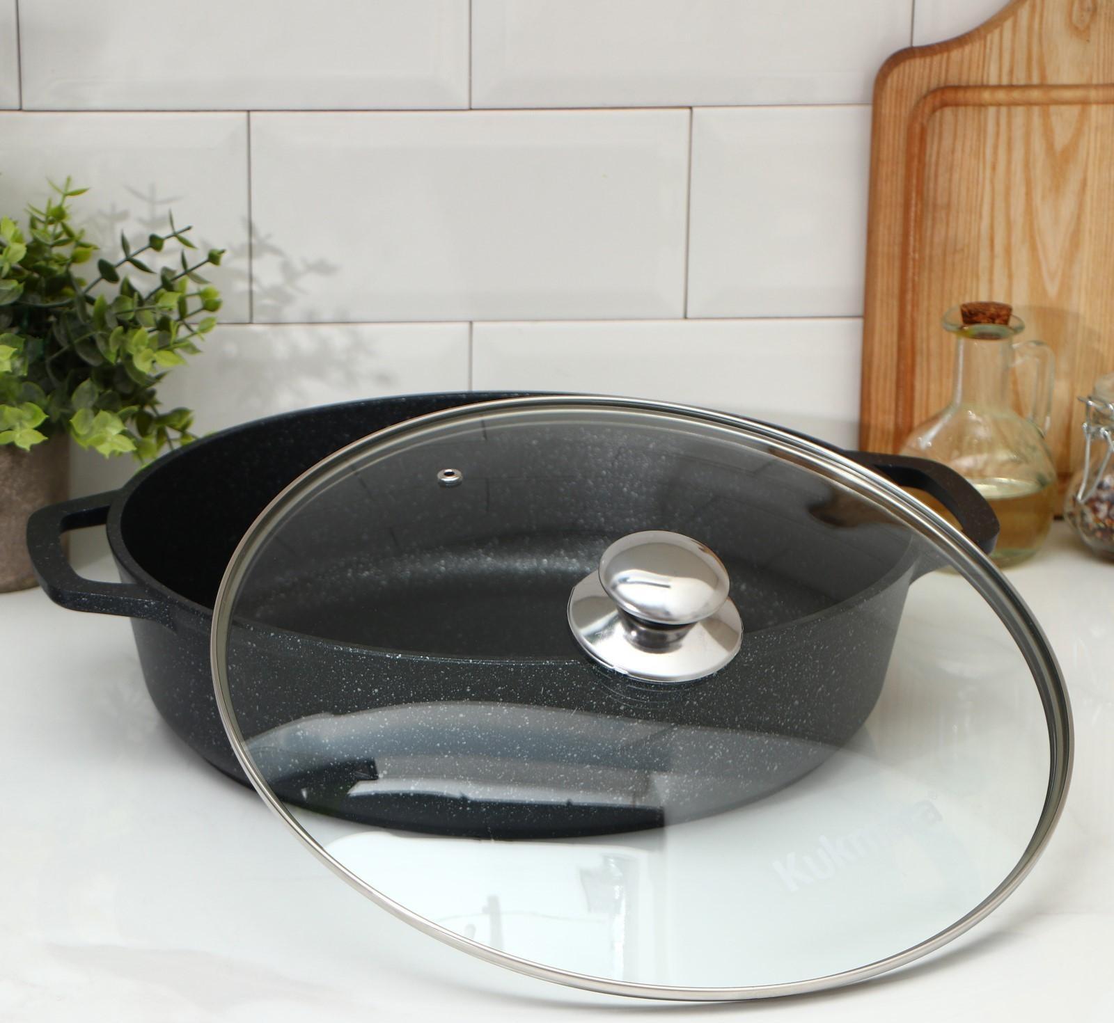 Сотейник, d=32 см, стеклянная крышка, литые ручки, антипригарное покрытие, цвет тёмный мрамор