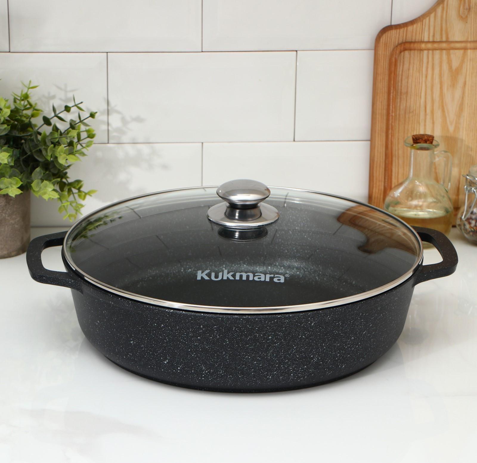 Сотейник, d=32 см, стеклянная крышка, литые ручки, антипригарное покрытие, цвет тёмный мрамор