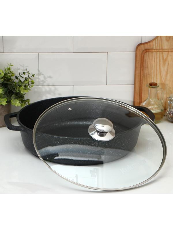 Сотейник, d=32 см, стеклянная крышка, литые ручки, антипригарное покрытие, цвет тёмный мрамор