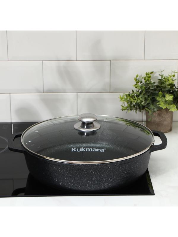 Сотейник, d=32 см, стеклянная крышка, литые ручки, антипригарное покрытие, цвет тёмный мрамор