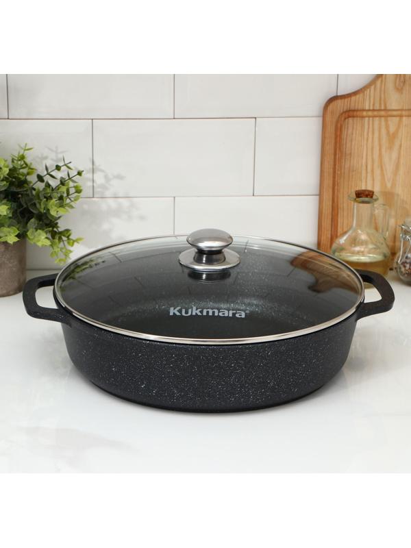 Сотейник, d=32 см, стеклянная крышка, литые ручки, антипригарное покрытие, цвет тёмный мрамор