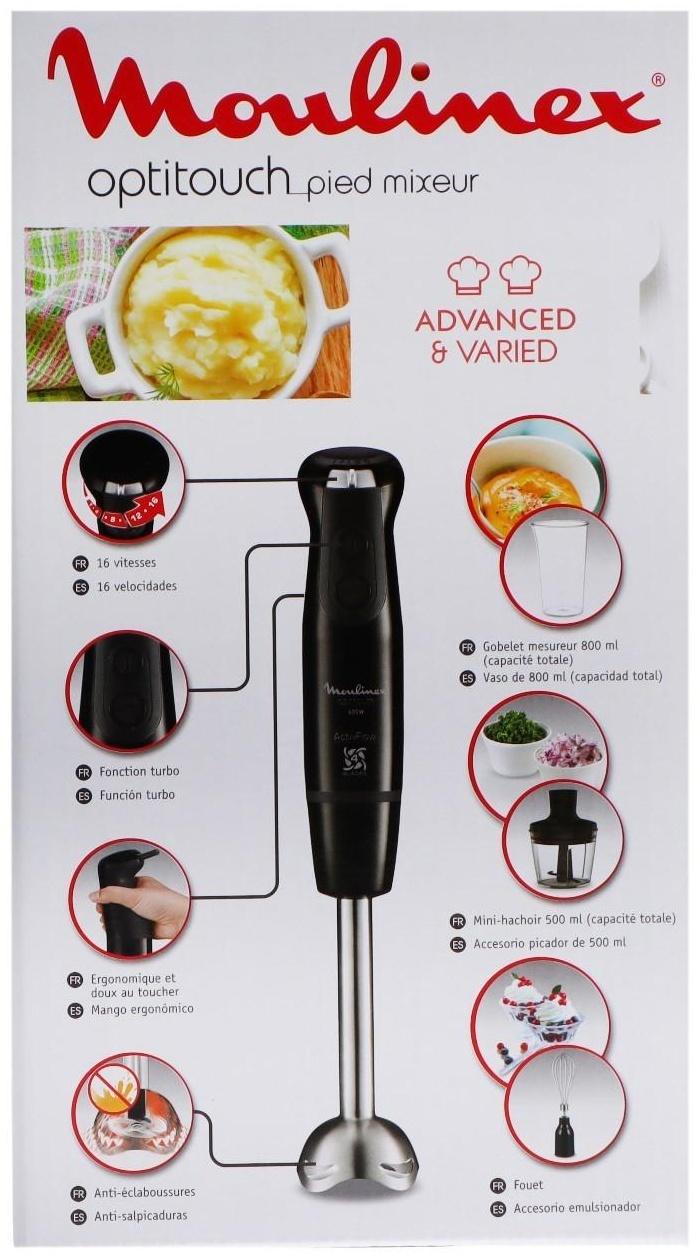 Блендер Moulinex DD833810, погружной, 600 Вт, 16 скоростей, 0.8 л, 3 насадки, чёрный