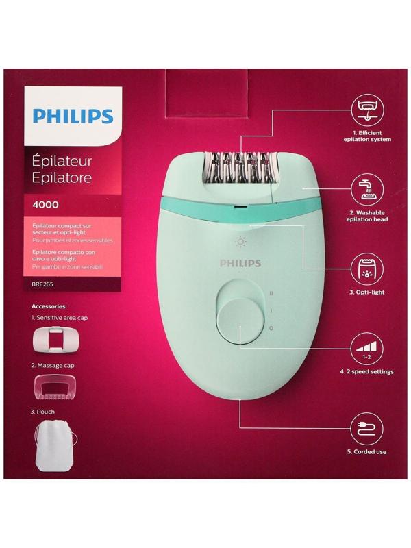 Эпилятор Philips BRE265/00, 5.4 Вт, 20 пинцетов, 2 скорости, от сети, цвет мятный