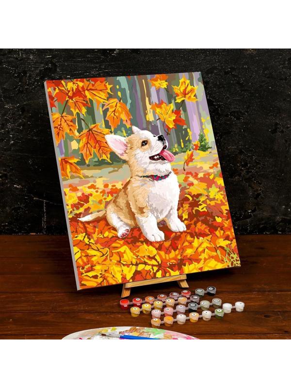 Картина по номерам на холсте с подрамником «Корги в осенней листве» 40×50 см