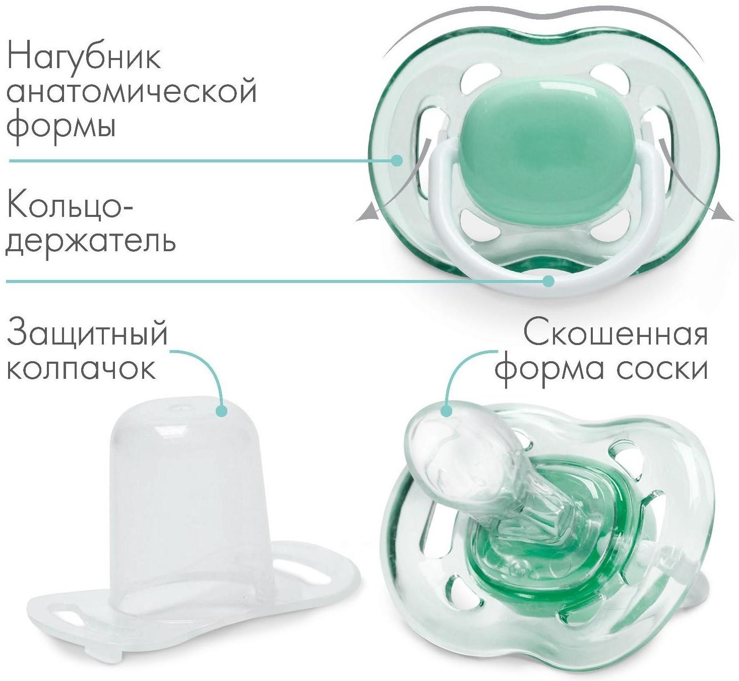 Пустышка ортодонтическая, силикон, от 6 - 12 мес., с колпачком, цвет зеленый