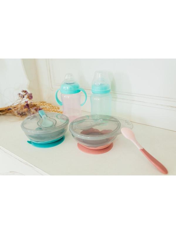 Набор для кормления: миска на присоске, с крышкой + ложка, цвет розовый