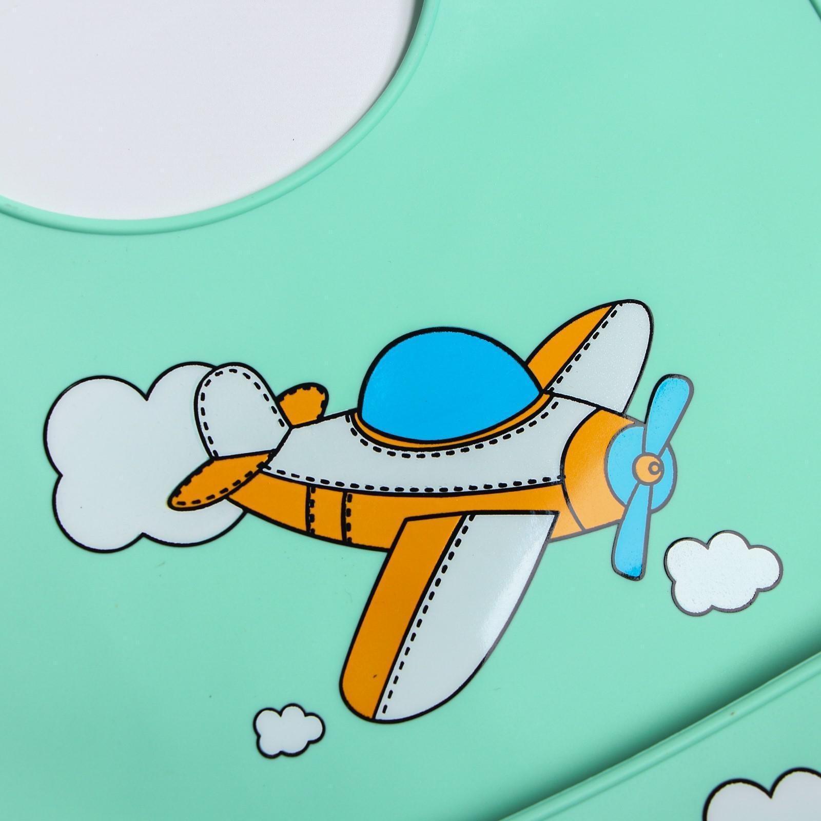 Нагрудник для кормления «Самолет» силиконовый с карманом, цвет бирюзовый