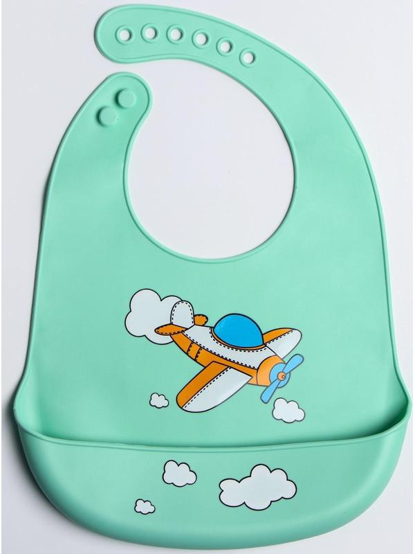 Нагрудник для кормления «Самолет» силиконовый с карманом, цвет бирюзовый