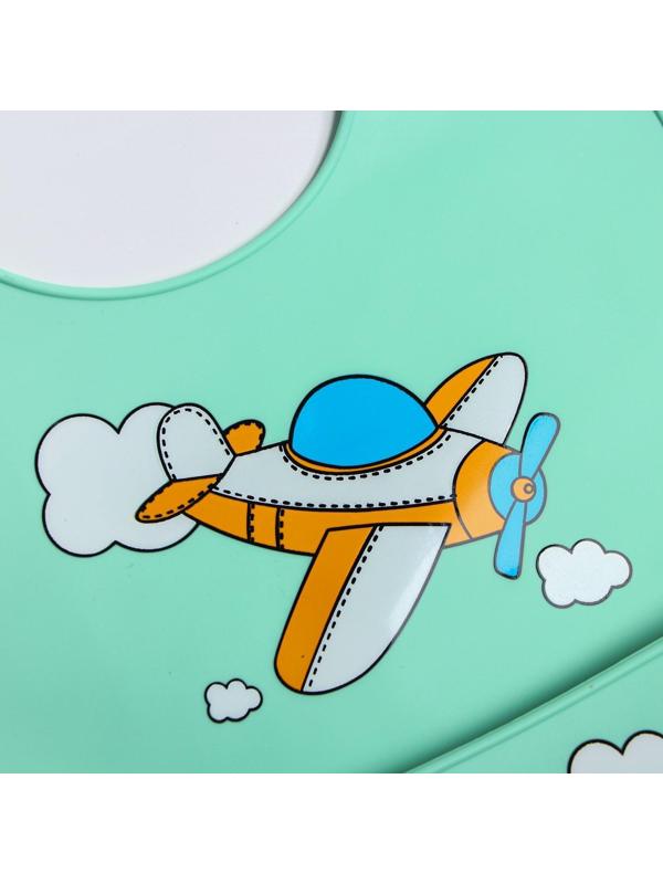 Нагрудник для кормления «Самолет» силиконовый с карманом, цвет бирюзовый