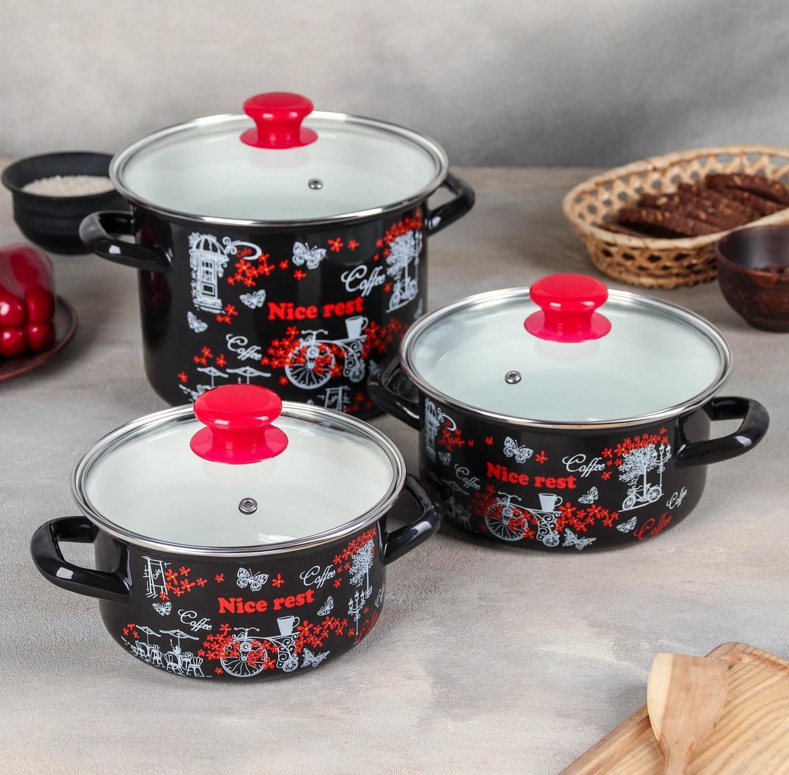 Набор кастрюль «Отдых-5», 3 предмета: 1,9 л, 2,5 л, 5 л, крышки, индукция, цвет чёрный