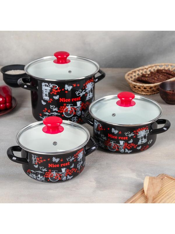 Набор кастрюль «Отдых-5», 3 предмета: 1,9 л, 2,5 л, 5 л, крышки, индукция, цвет чёрный