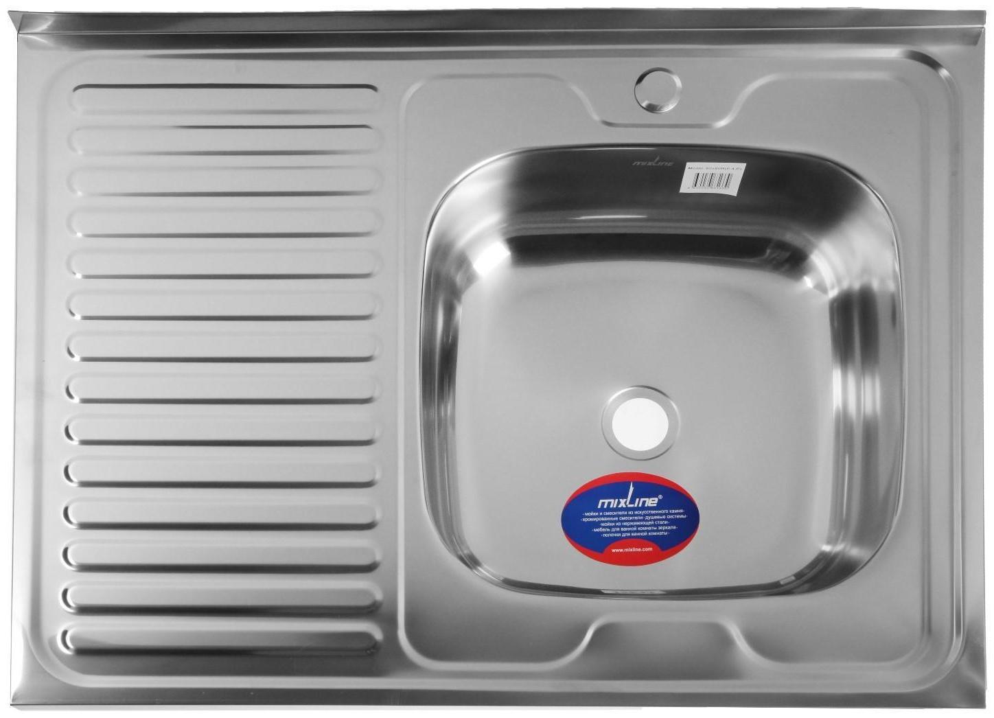Мойка кухонная MIXLINE 527971, накладная, толщина 0.4 мм, 80х60х16 см, правая, выпуск 1 1/2
