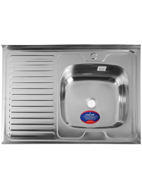 Мойка кухонная MIXLINE 527971, накладная, толщина 0.4 мм, 80х60х16 см, правая, выпуск 1 1/2