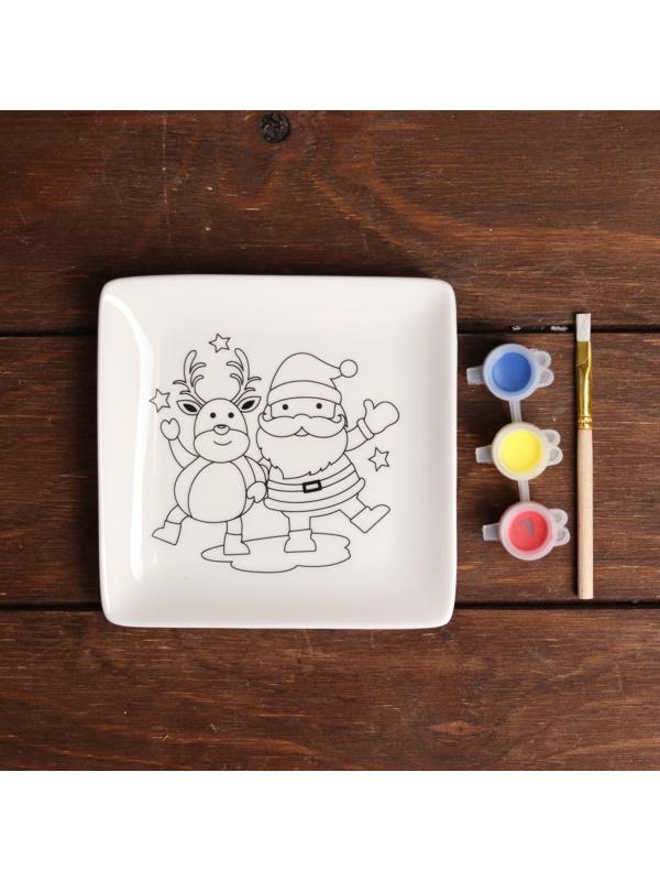 Набор тарелка под раскраску «Олень и Дед Мороз» краска 3 цв по 2 мл, кисть
