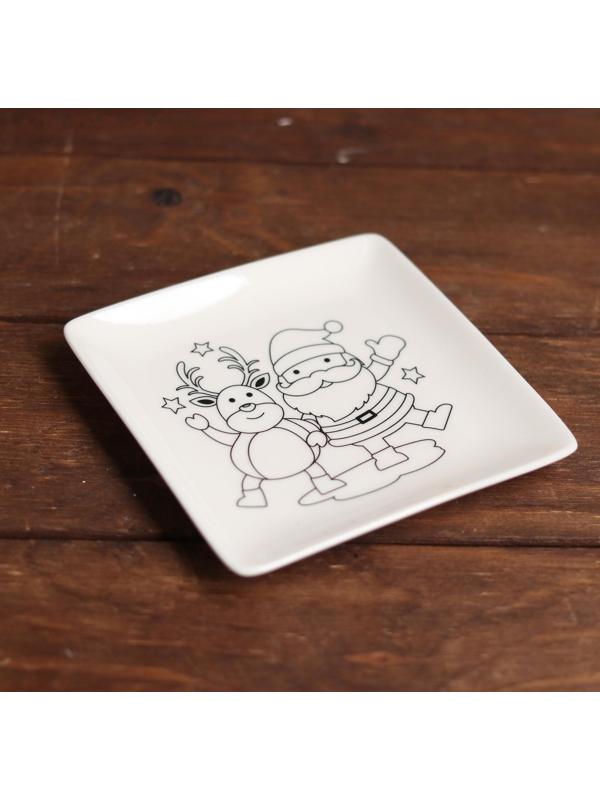 Набор тарелка под раскраску «Олень и Дед Мороз» краска 3 цв по 2 мл, кисть