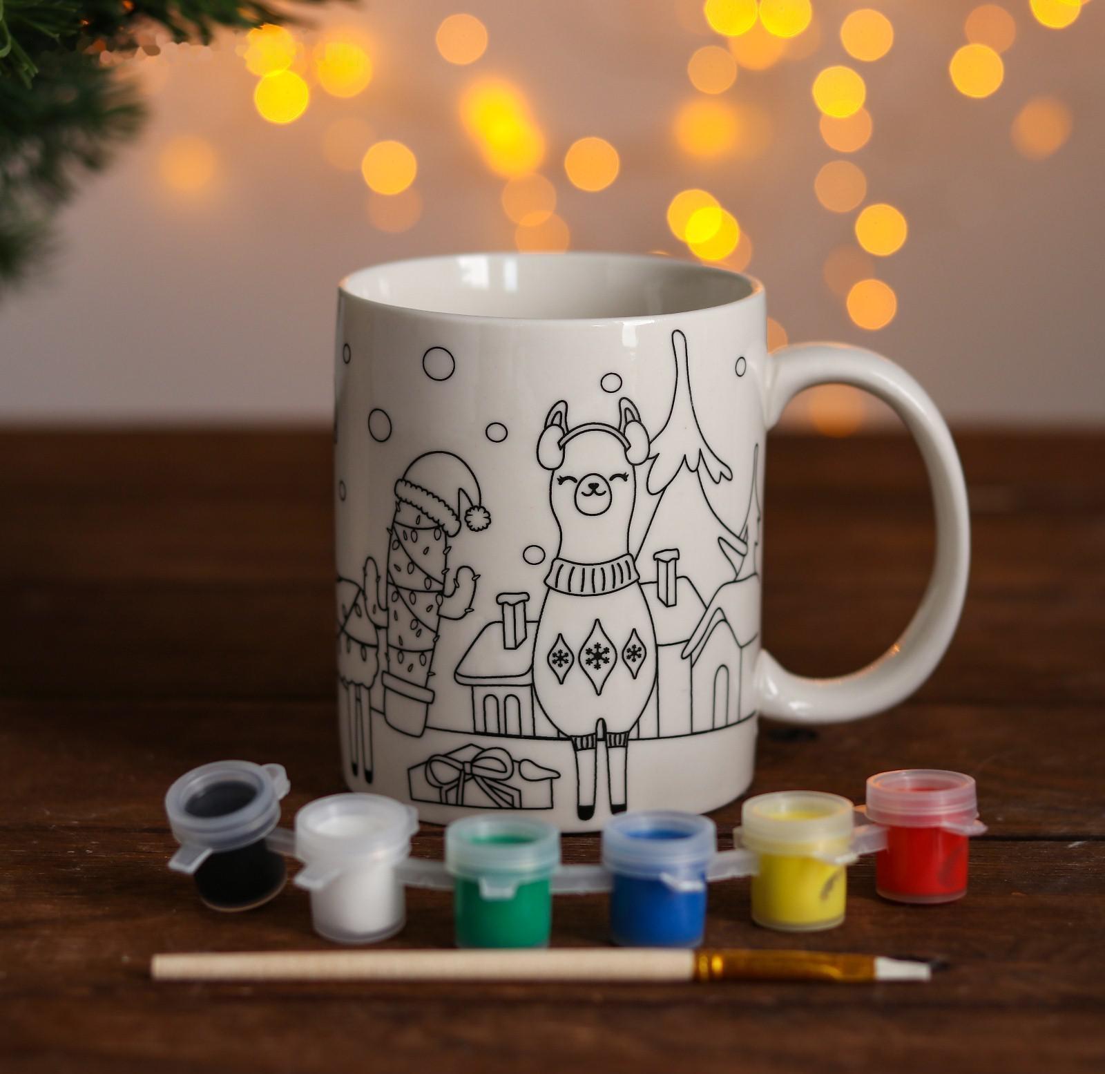 Набор кружка под раскраску «Лама новогодняя» краска 6 цв по 2 мл, кисть