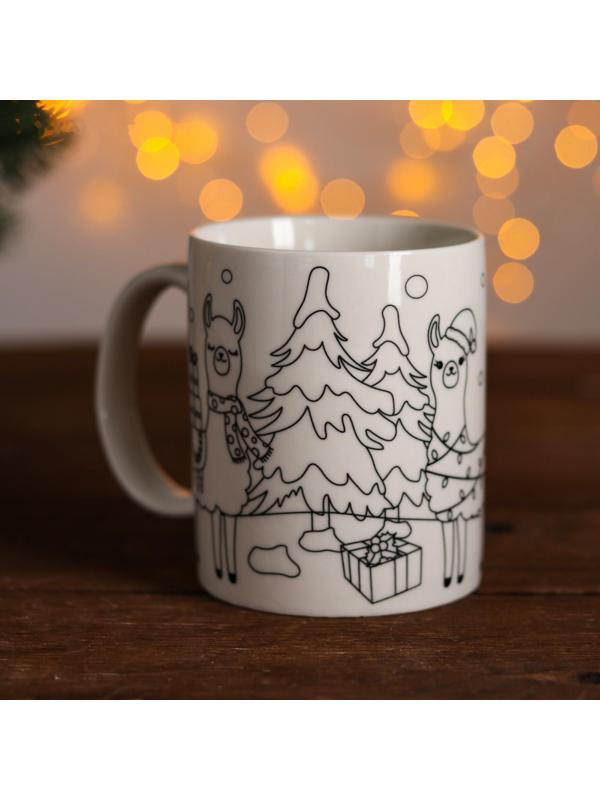 Набор кружка под раскраску «Лама новогодняя» краска 6 цв по 2 мл, кисть