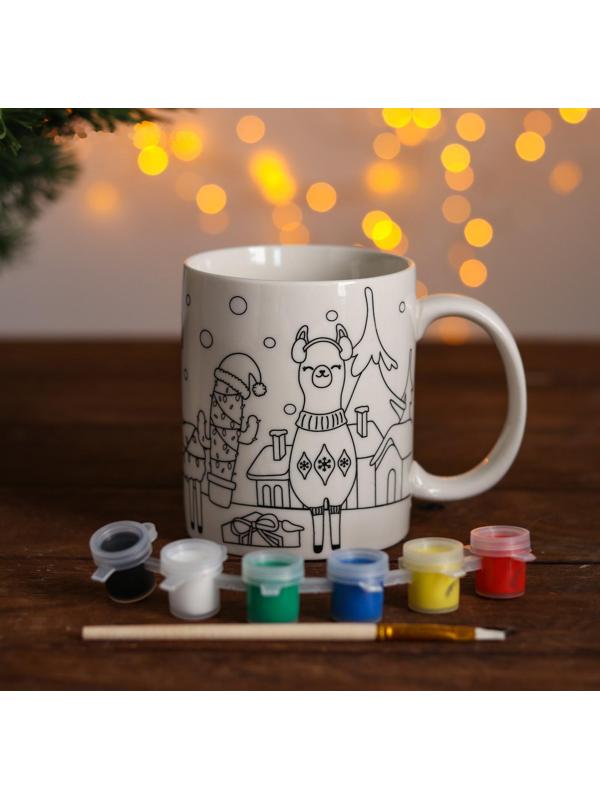 Набор кружка под раскраску «Лама новогодняя» краска 6 цв по 2 мл, кисть