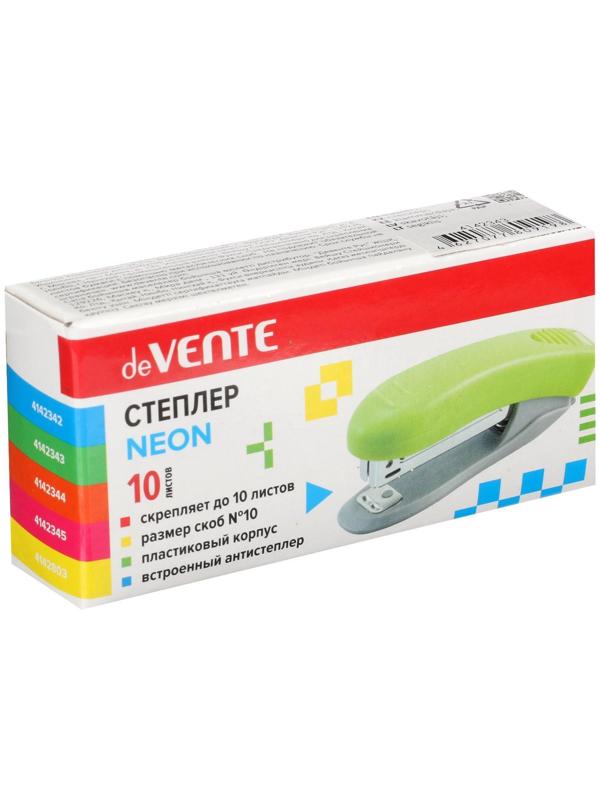 Степлер №10, до 10 листов, deVENTE, пластиковый корпус, встроенный антистеплер, неоновый оранжевый