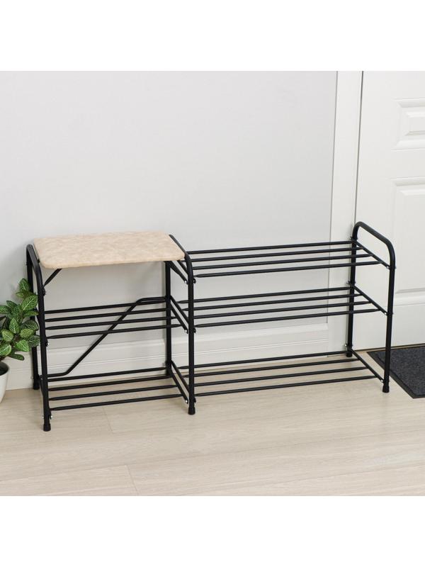 Подставка для обуви с сиденьем «Дубль», 3 полки, замша, цвет чёрный