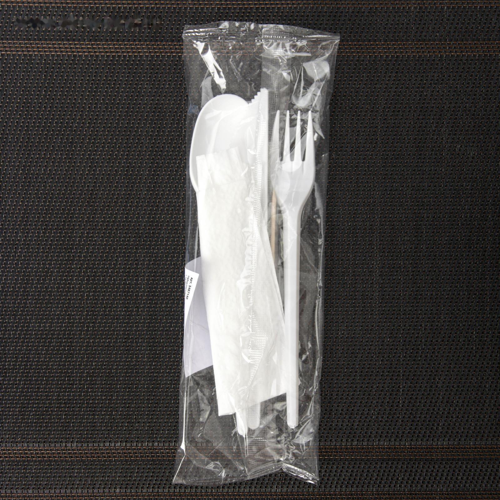 Набор одноразовых столовых приборов 5 в 1: вилка, ложка, нож, салфетка, зубочистка, цвет белый