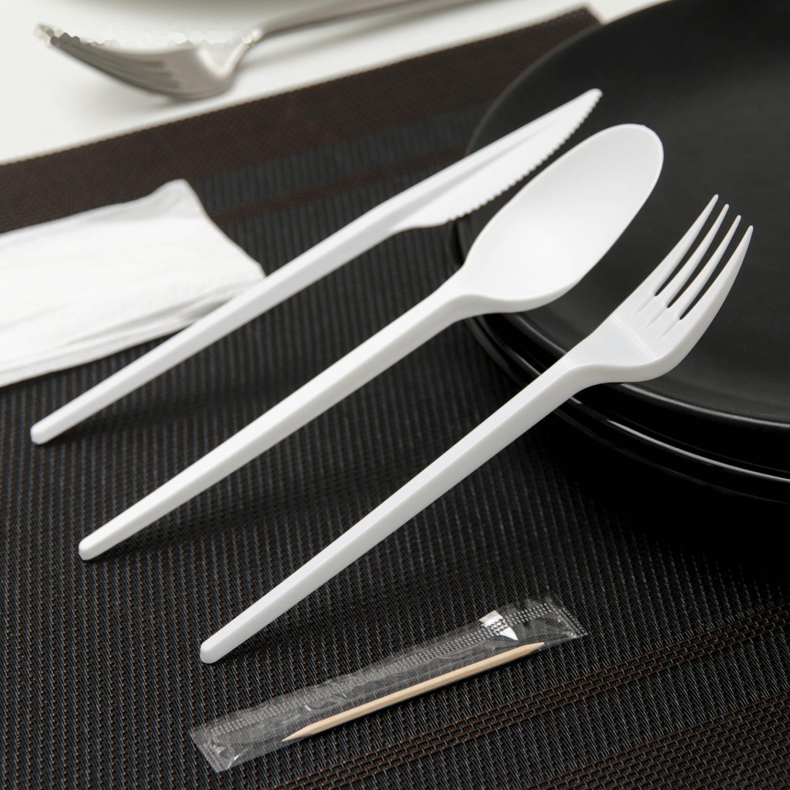 Набор одноразовых столовых приборов 5 в 1: вилка, ложка, нож, салфетка, зубочистка, цвет белый