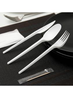 Набор одноразовых столовых приборов 5 в 1: вилка, ложка, нож, салфетка, зубочистка, цвет белый