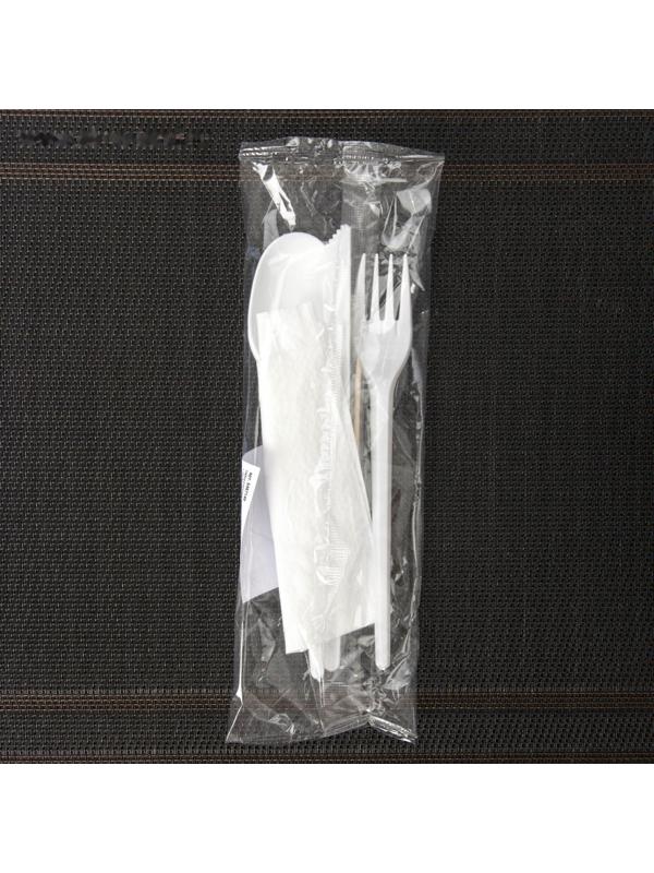 Набор одноразовых столовых приборов 5 в 1: вилка, ложка, нож, салфетка, зубочистка, цвет белый