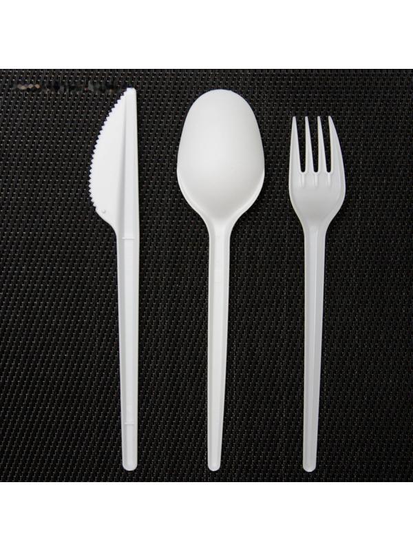 Набор одноразовых столовых приборов 5 в 1: вилка, ложка, нож, салфетка, зубочистка, цвет белый