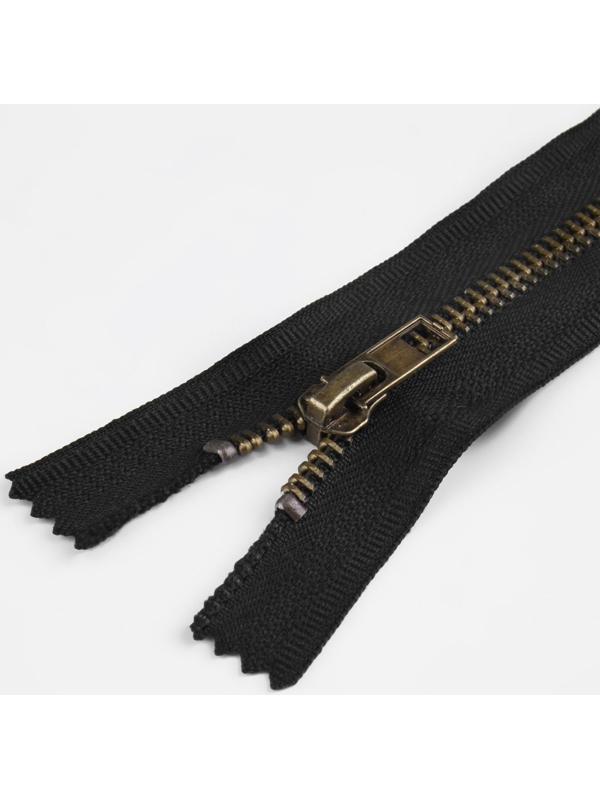 Молния джинсовая, №5, неразъёмная, замок автомат, 18 см, цвет чёрный/антик