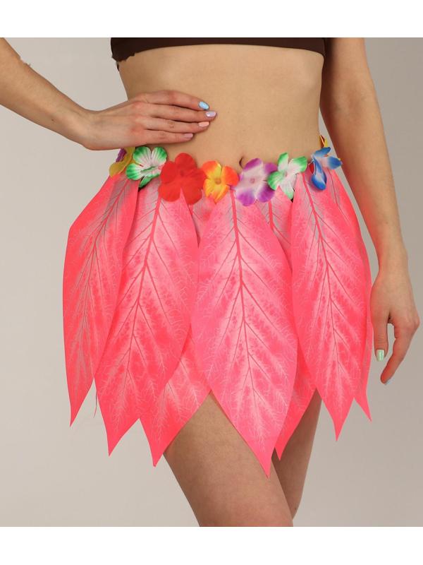 Гавайская юбка «Листики и цветочки» 36 см, цвет розовый
