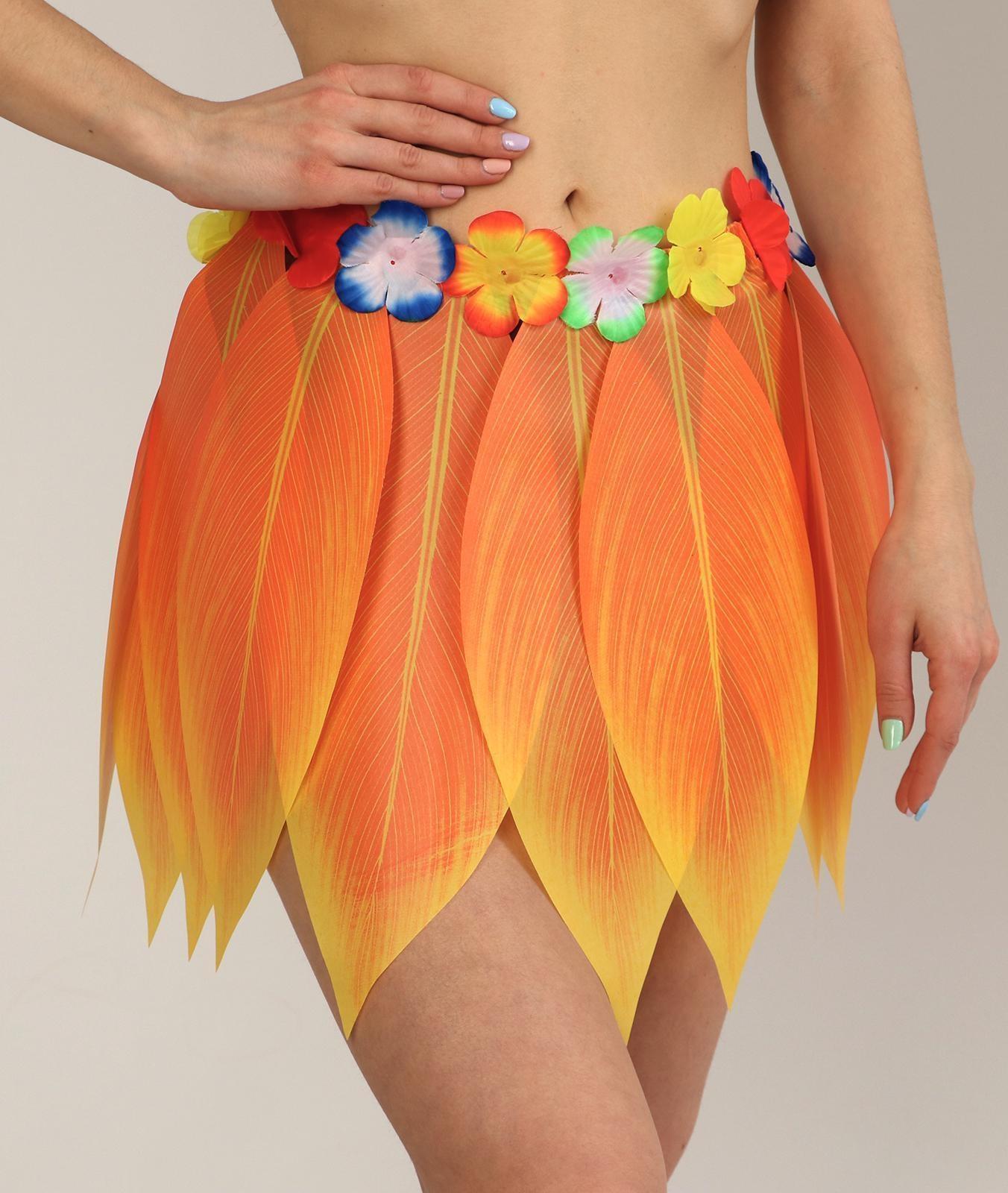 Гавайская юбка «Листики и цветочки» 36 см, цвет оранжевый