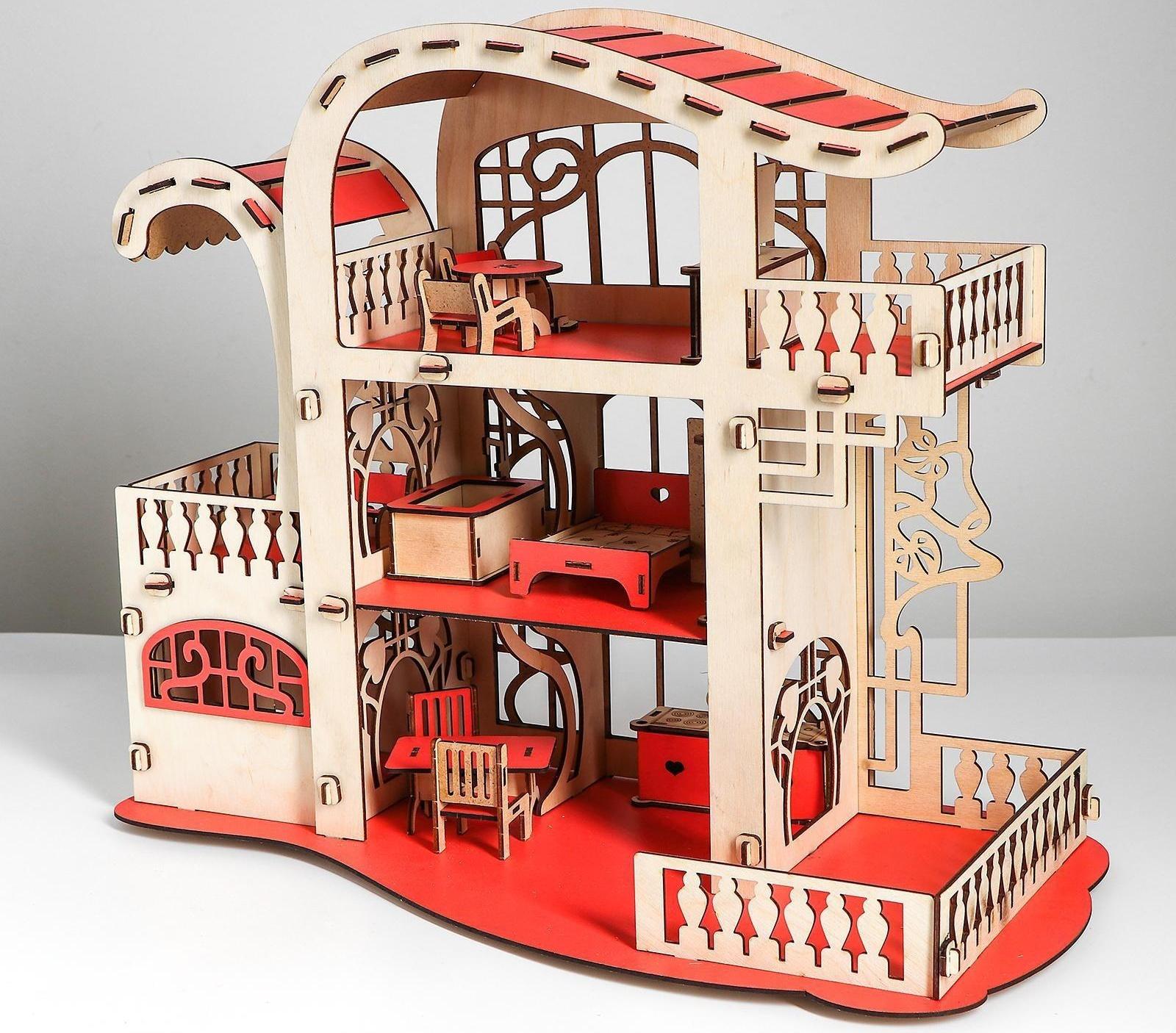 Сборная игрушка Домик «Усадьба Милана» красный с мебелью