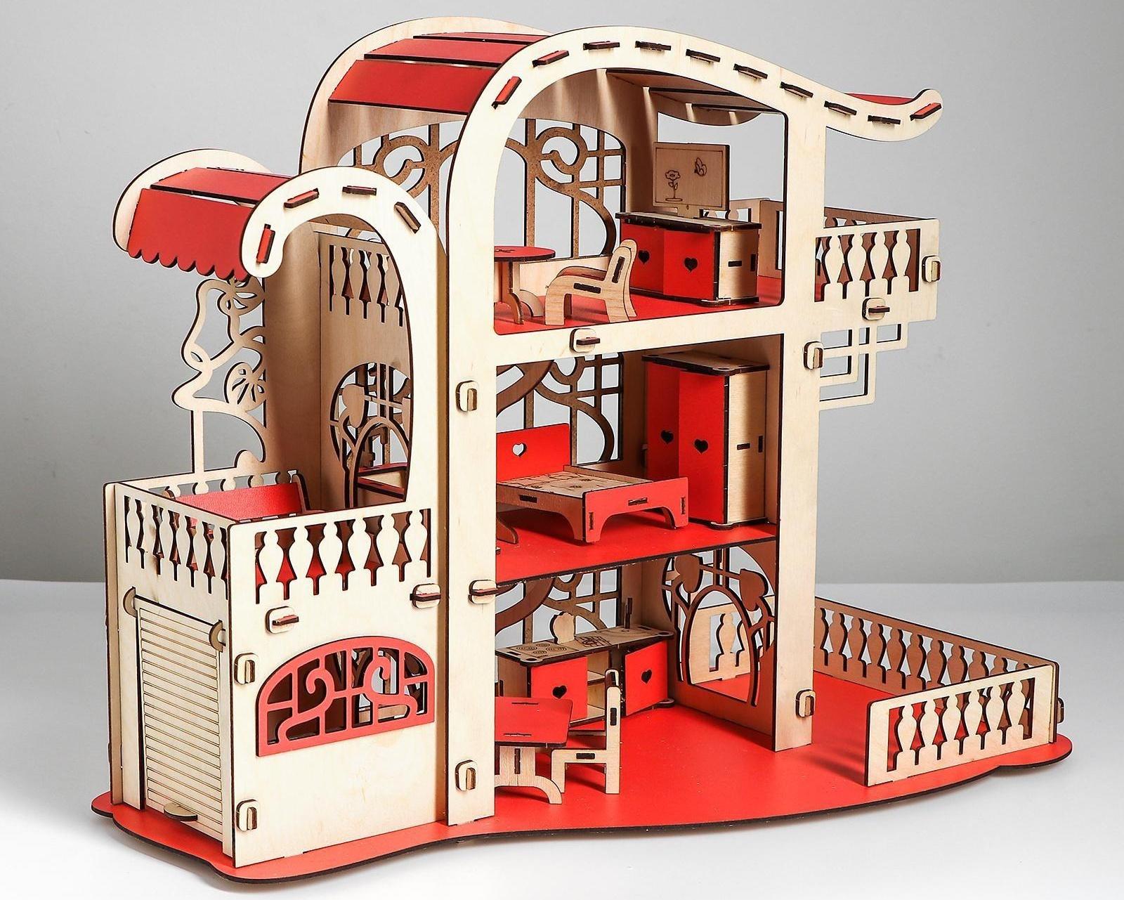 Сборная игрушка Домик «Усадьба Милана» красный с мебелью