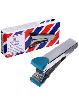 Cтеплер №10, на 15 листов, Attomex, металлический корпус, с встроенным антистеплером, синий