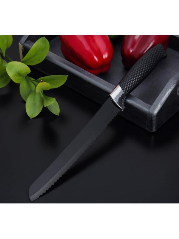 Нож с антиналипающим покрытием Доляна «Супер-блэк», лезвие 20 см, хлебный, цвет чёрный