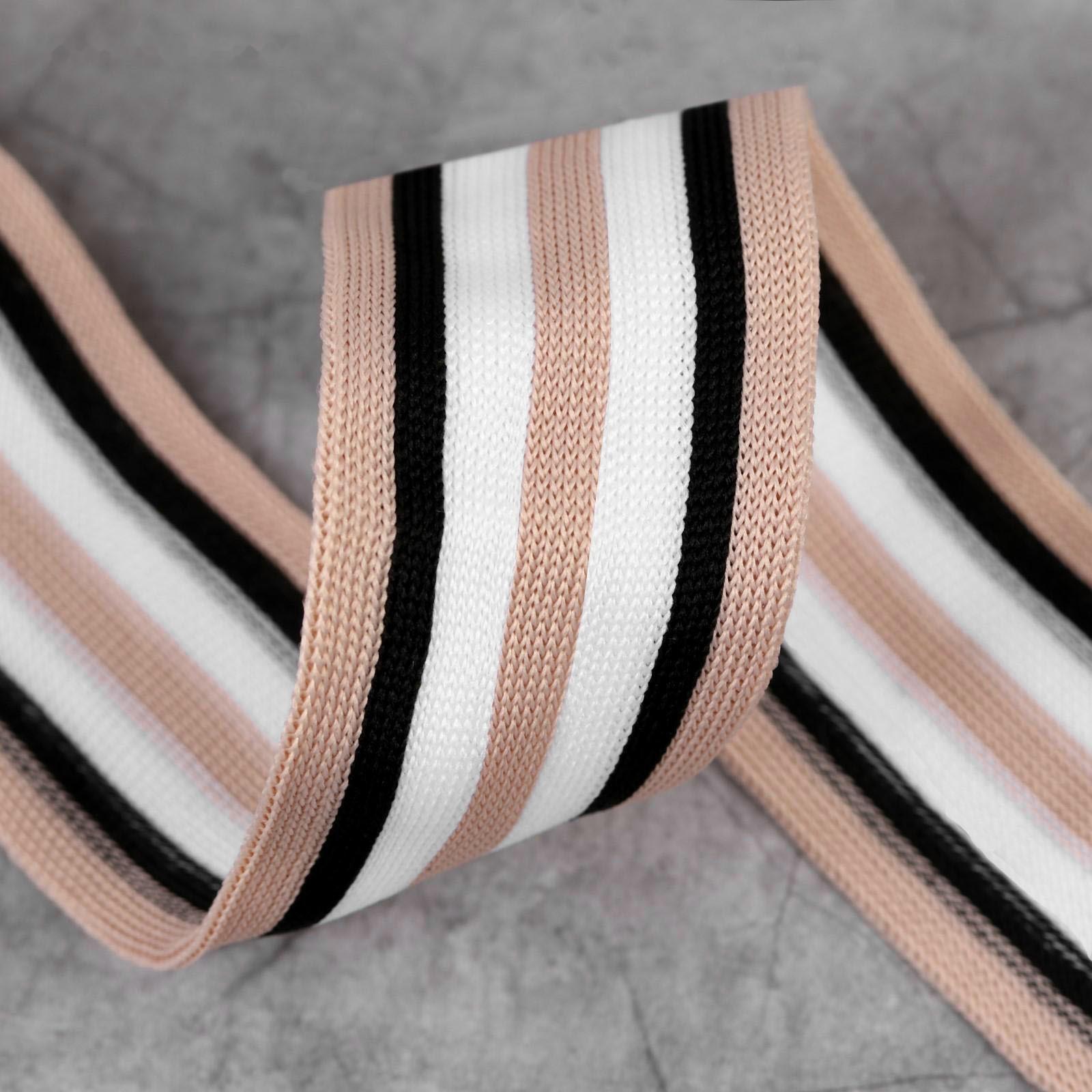 Тесьма трикотажная лампас 40 мм, 9 ± 0,5 м, цвет бежевый/чёрный/белый