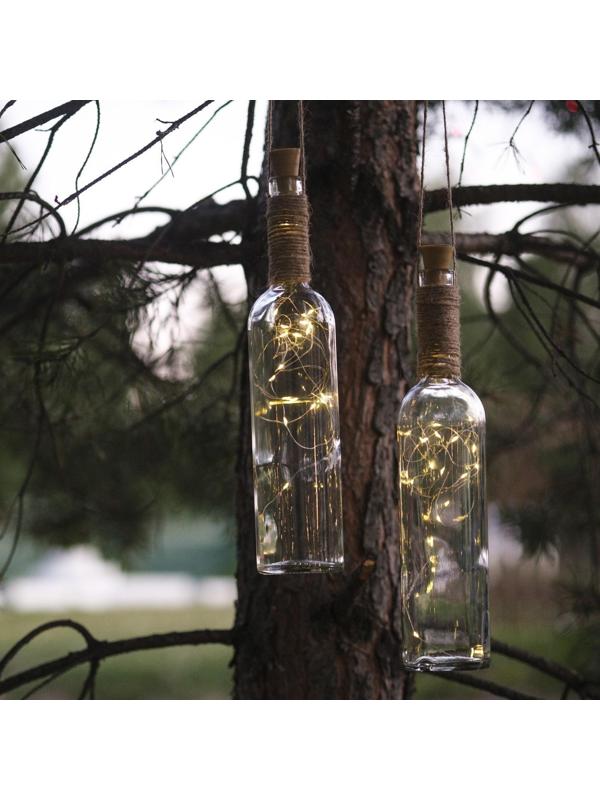 Гирлянда «Нить» 2 м роса с пробкой, IP44, серебристая нить, 20 LED, свечение тёплое белое, солнечная батарея