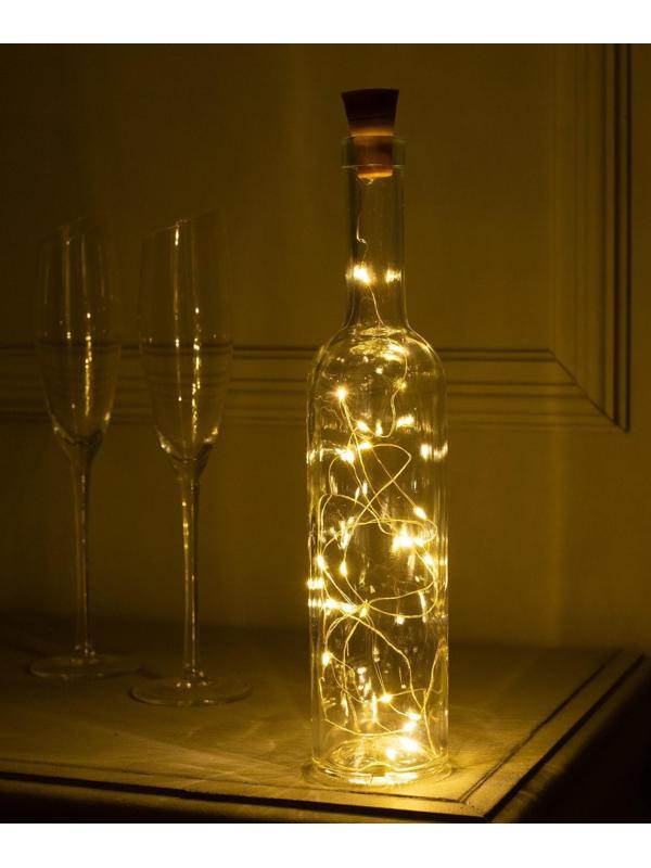 Гирлянда «Нить» 2 м роса с пробкой, IP44, серебристая нить, 20 LED, свечение тёплое белое, солнечная батарея