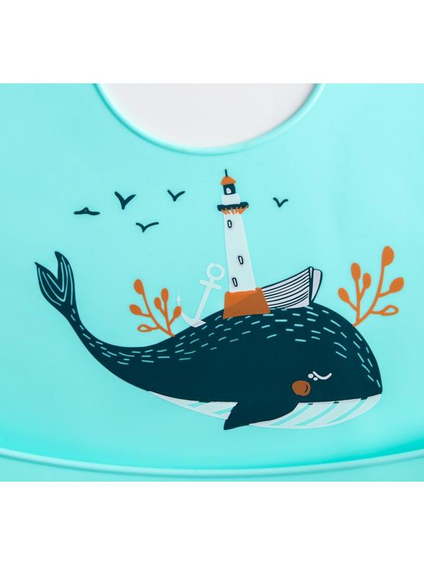 Нагрудник для кормления «Кит» силиконовый с карманом, цвет голубой