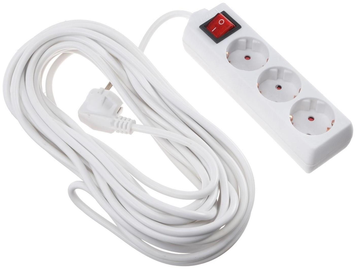 Удлинитель Luazon Lighting, 3 розетки, 10 м, 6 А, 1300 Вт, 3х0.75 мм2, с з/к, с выкл., Б
