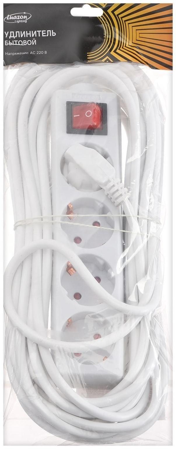 Удлинитель Luazon Lighting, 4 розетки, 10 м, 6 А, 1300 Вт, 3х0.75 мм2, с з/к, с выкл., Б