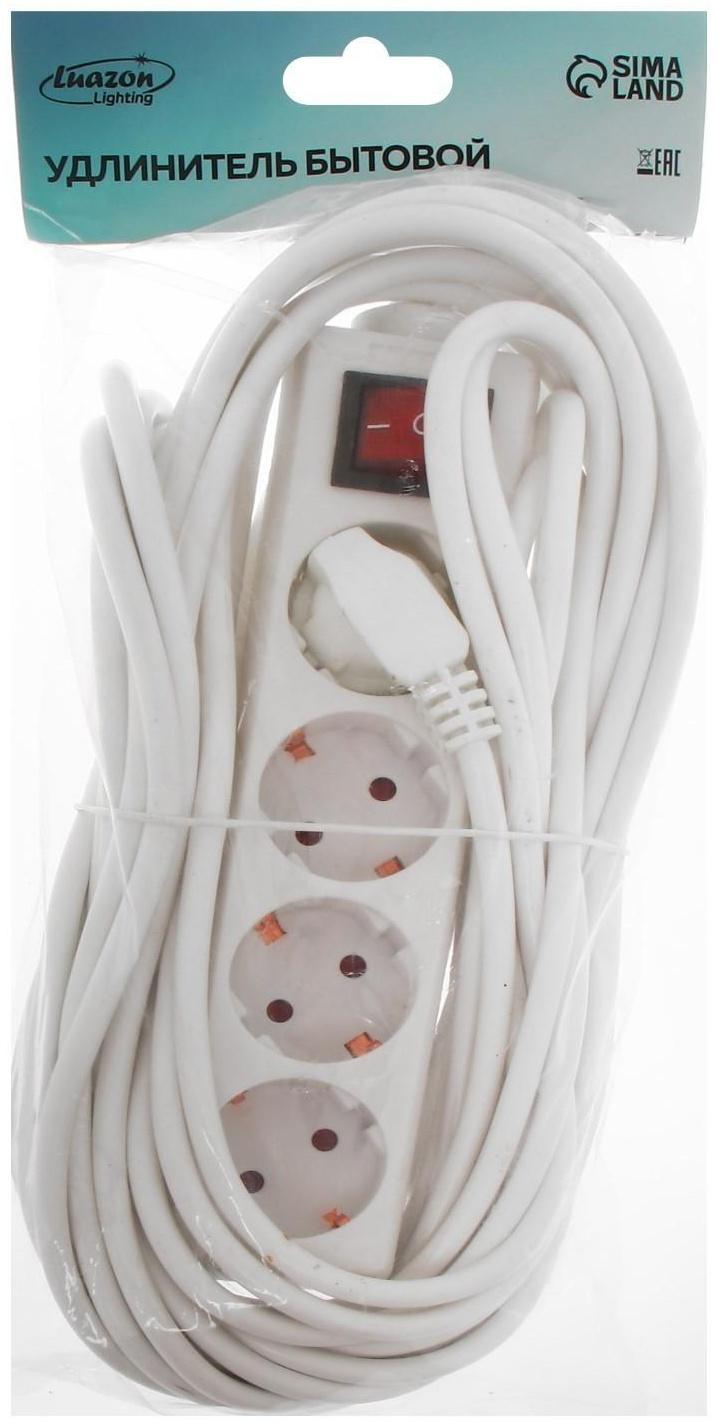 Удлинитель Luazon Lighting, 4 розетки, 10 м, 6 А, 1300 Вт, 3х0.75 мм2, с з/к, с выкл., Б