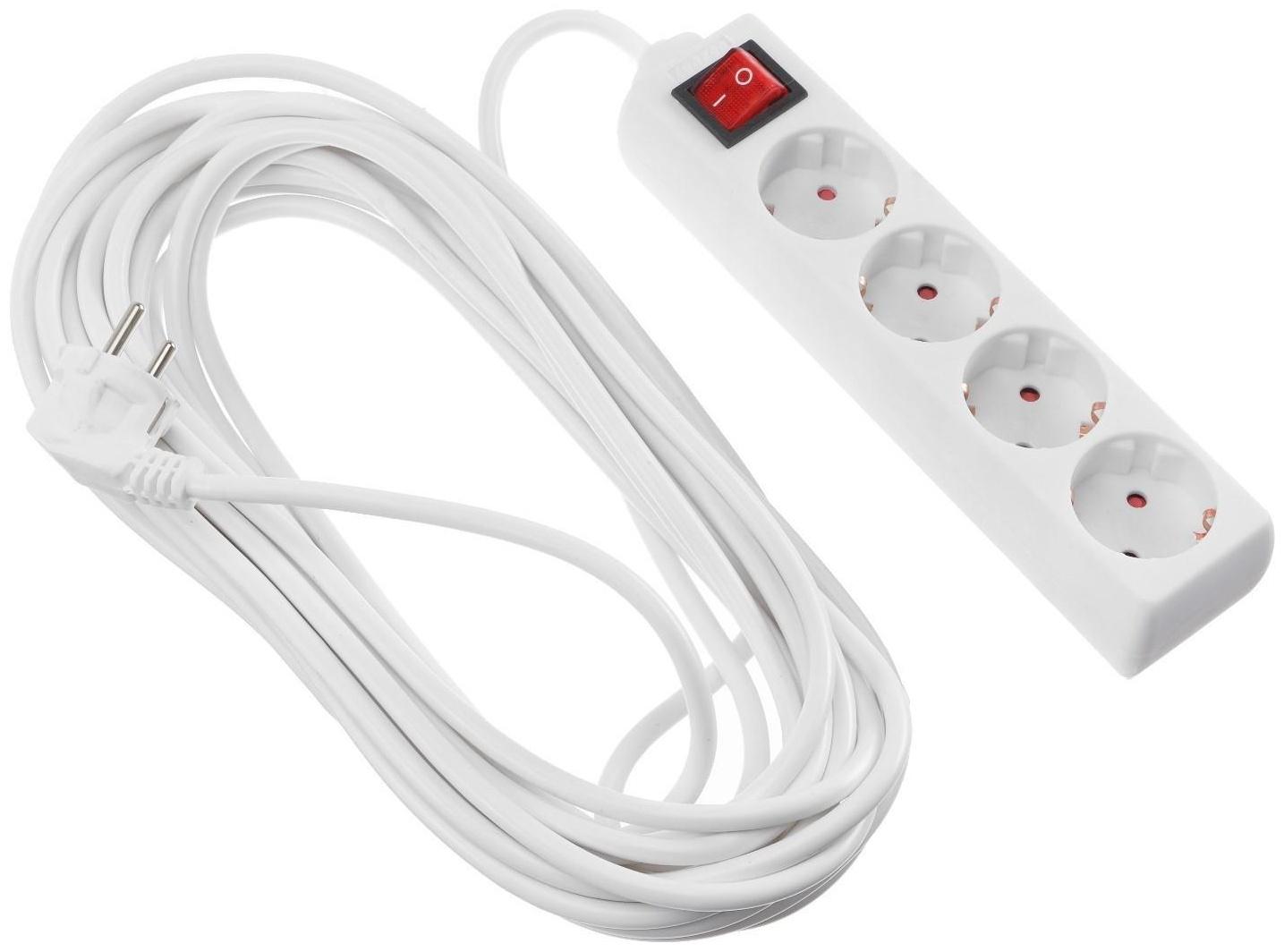 Удлинитель Luazon Lighting, 4 розетки, 10 м, 6 А, 1300 Вт, 3х0.75 мм2, с з/к, с выкл., Б